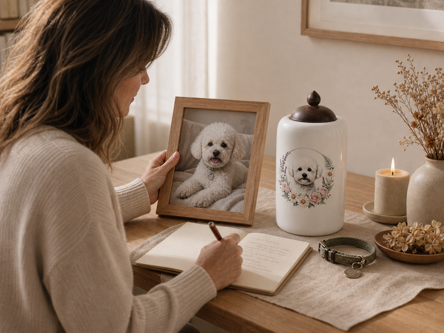 A pet owner choosing a personal memorial with a framed pet photo, keepsakes, and a memorial urn