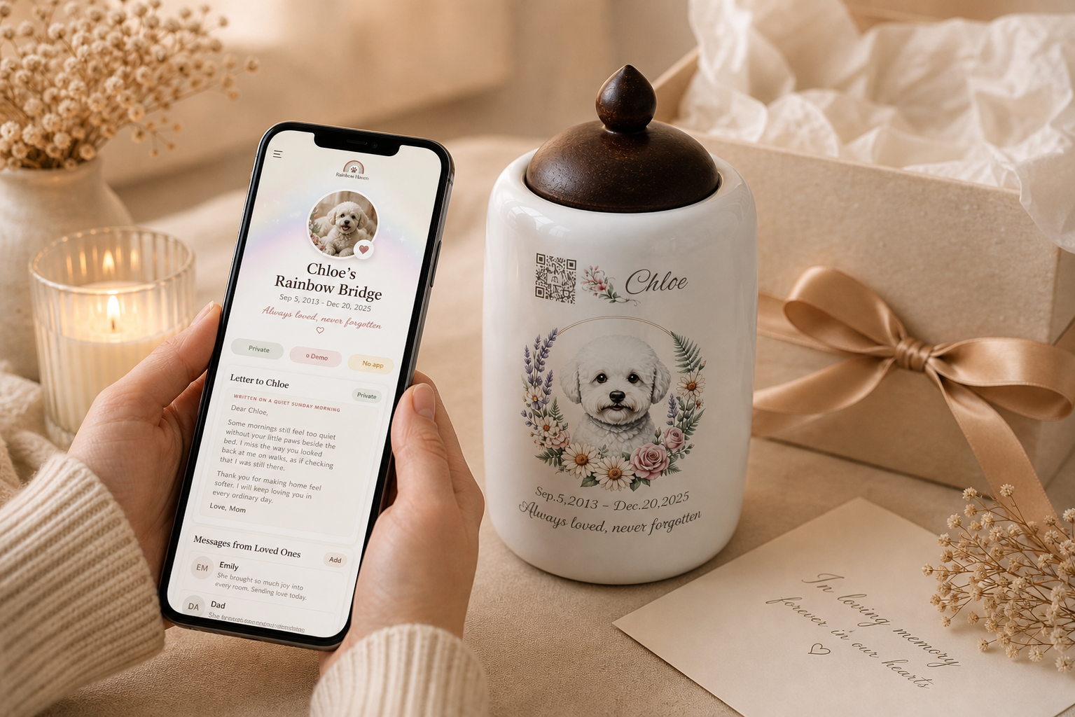 A pet owner scanning a QR code on a memorial urn to open a private digital pet memorial