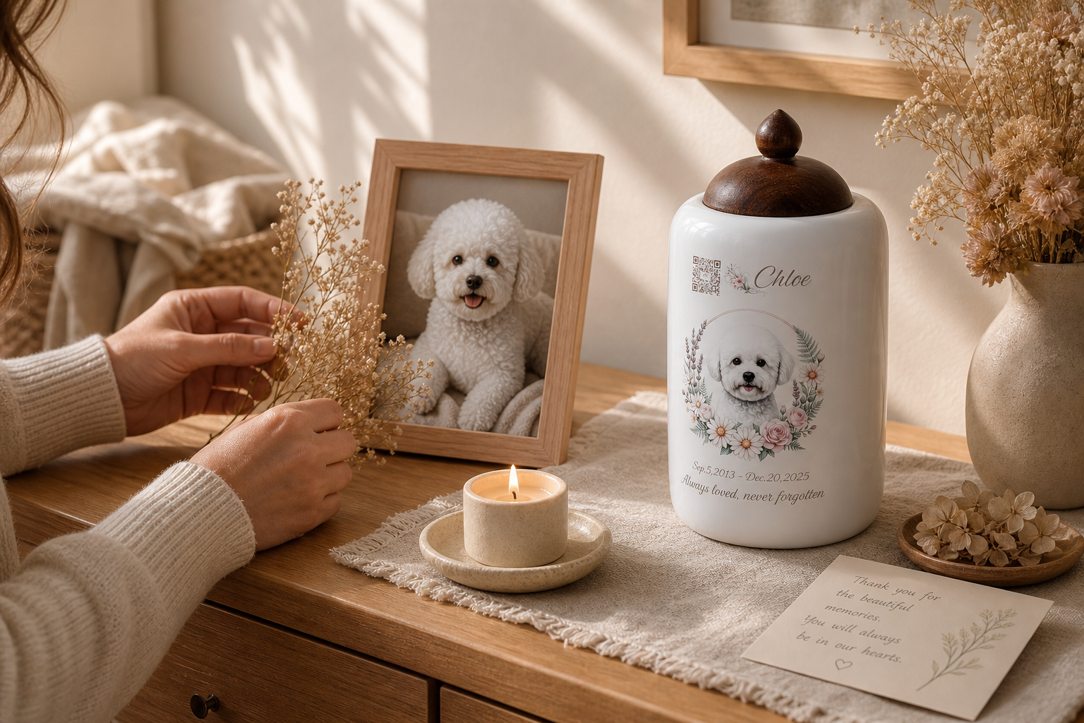 A pet owner arranging a warm home memorial corner with The Soul Keeper urn, framed photo, candle, and dried flowers