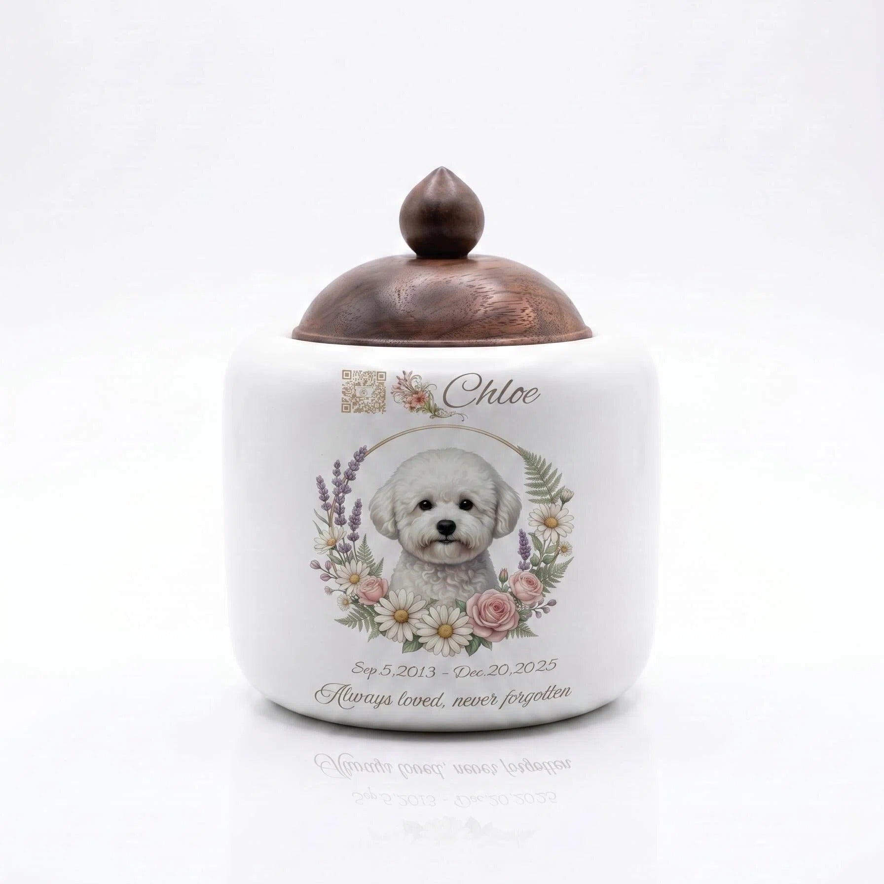 Small Soul Keeper memorial urn with watercolor pet portrait, QR code, dates, and dark wood lid
