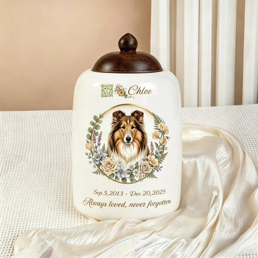 Custom Watercolor Pet Portrait Urn with Digital Memorial QR Code & Gift Box