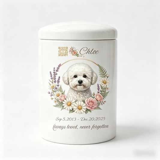 Custom Ceramic Pet Urn with Personalized Portrait & Digital Memorial QR Code With gift box | Handmade Pet Memorial