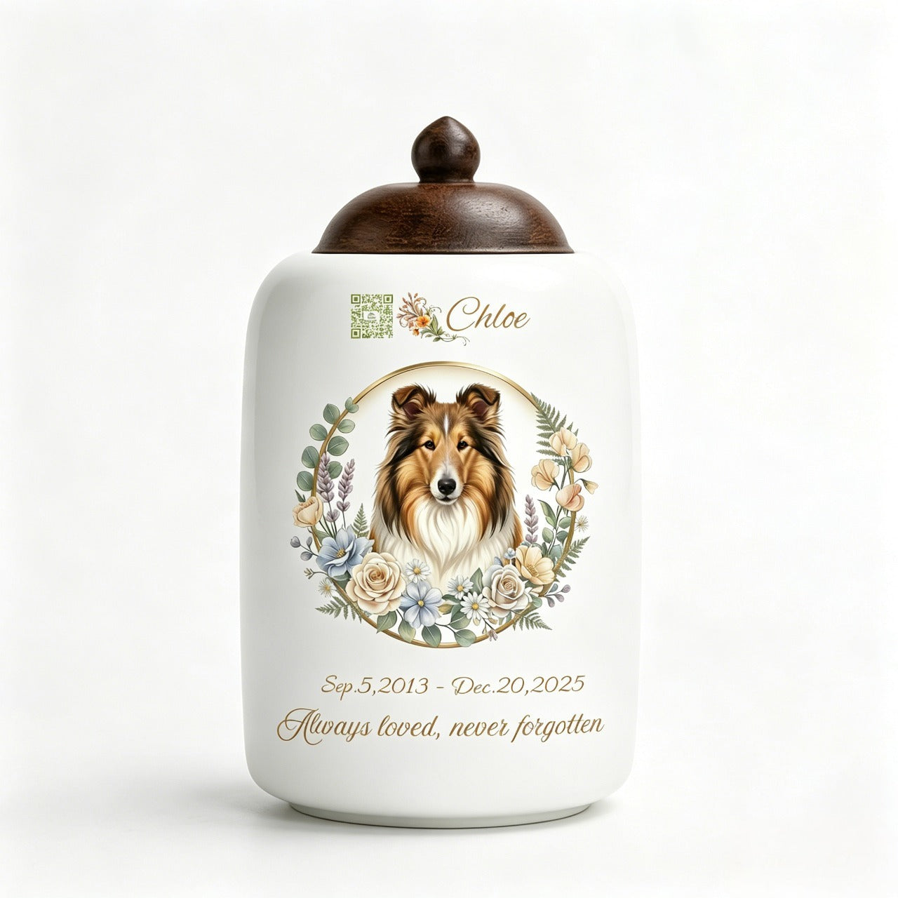 Custom Artisan Pet Urn with Digital Memorial QR Code & Hand-Painted Wreath