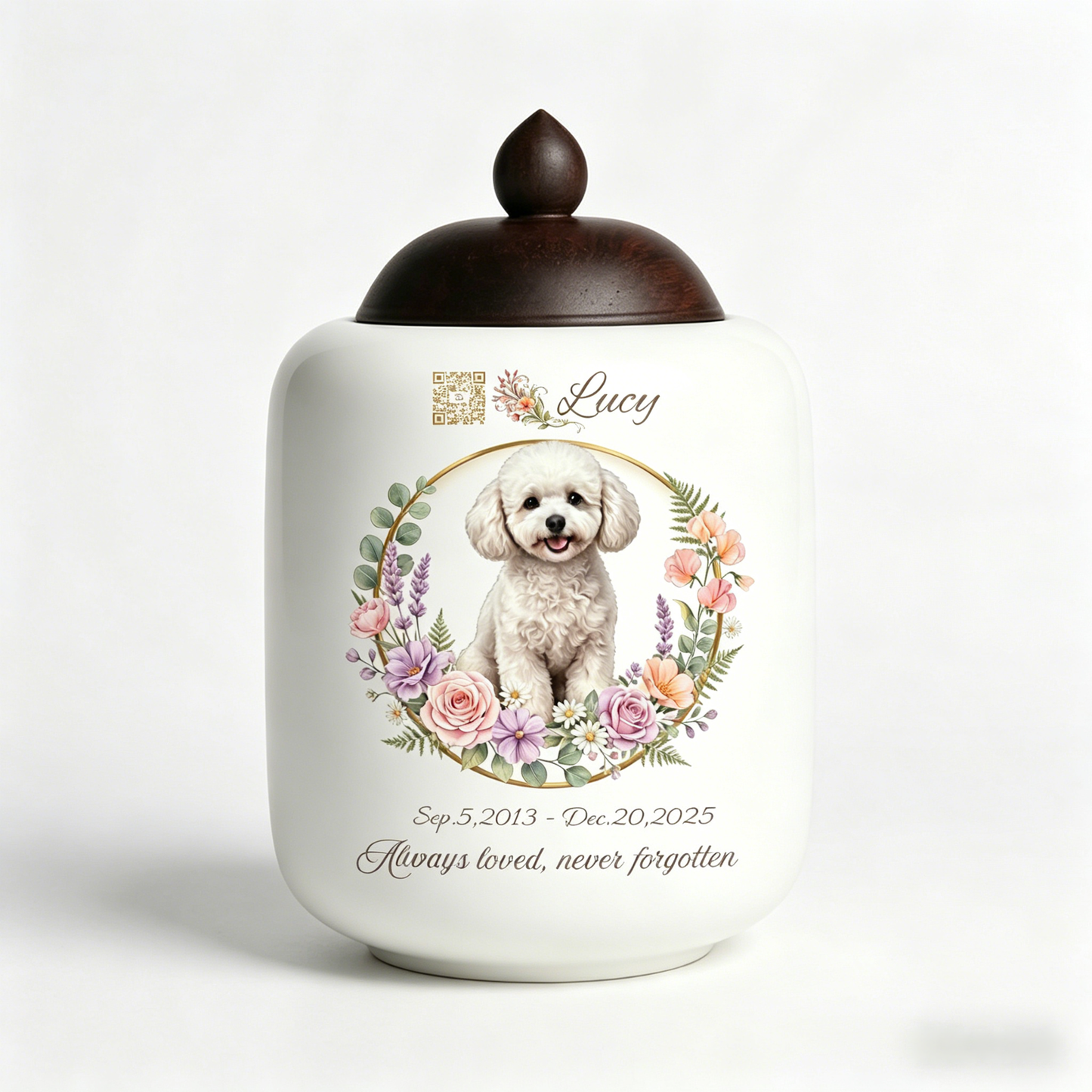 Custom Artisan Pet Urn with Digital Memorial QR Code & Hand-Painted Wreath