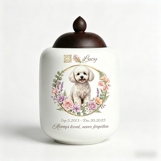 Custom Artisan Pet Urn with Digital Memorial QR Code & Hand-Painted Wreath