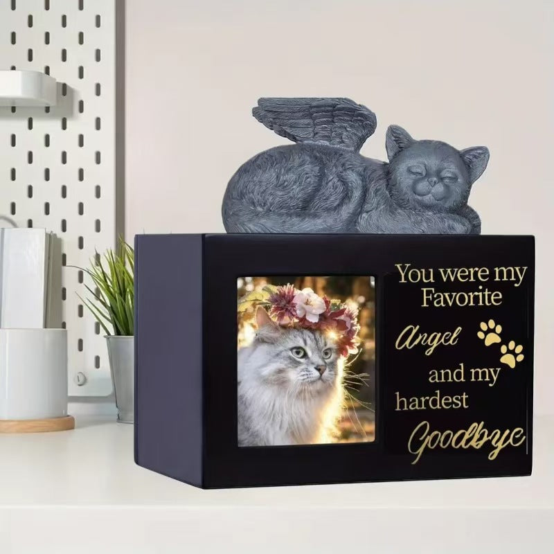 Eternal Guardian: Handcrafted Wooden Pet Urn with Sculpted Angel Figurine