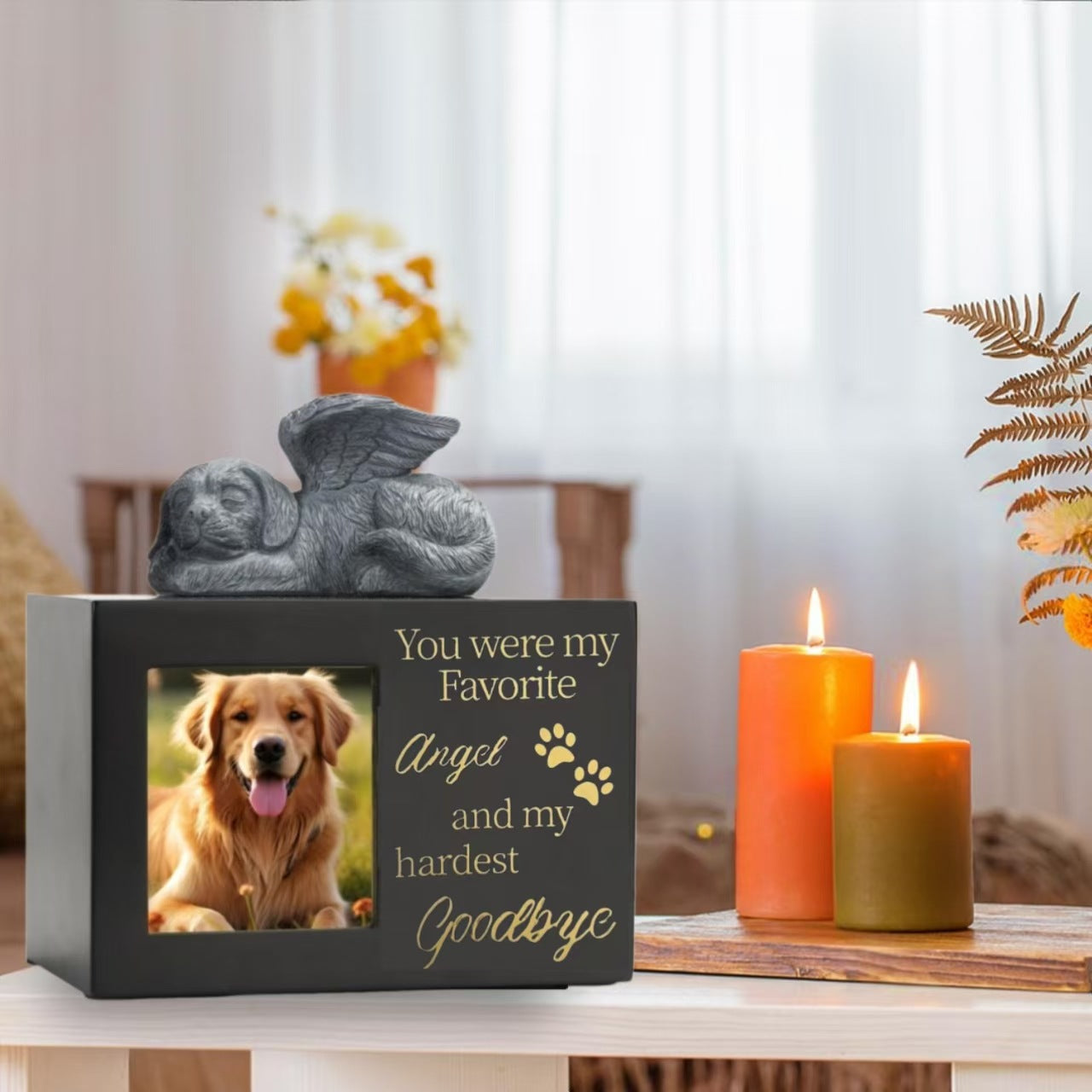 Eternal Guardian: Handcrafted Wooden Pet Urn with Sculpted Angel Figurine1
