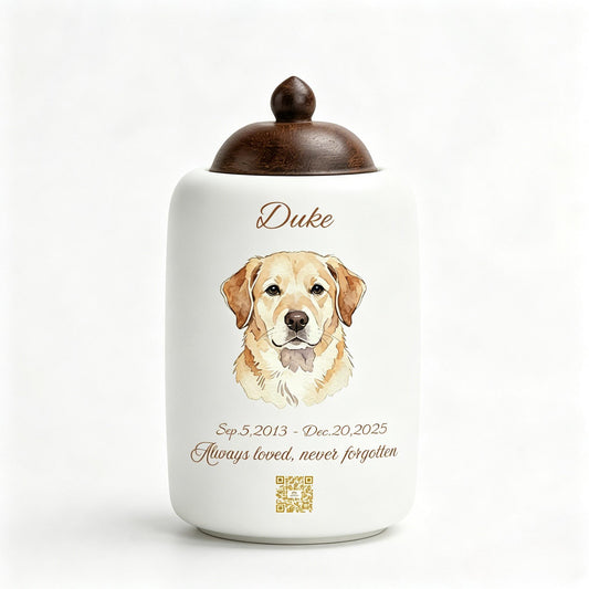 Bespoke Watercolor Pet Urn with Integrated QR Code Memorial Cloud & Luxury Box