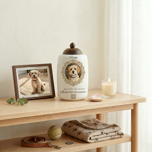 Artisan Pet Memorial Urn: Hand-Painted Watercolor Portrait with QR Code Link