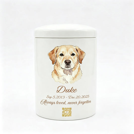 Custom Ceramic Pet Urn with Personalized Portrait & Digital Memorial QR Code With gift box | Handmade Pet Memorial