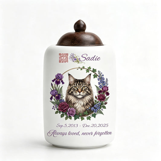 Customized Ceramic Pet Urn: Watercolor Spirit Portrait & Digital Memory Space
