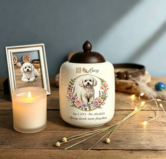 Custom Artisan Pet Urn with Digital Memorial QR Code & Hand-Painted Wreath