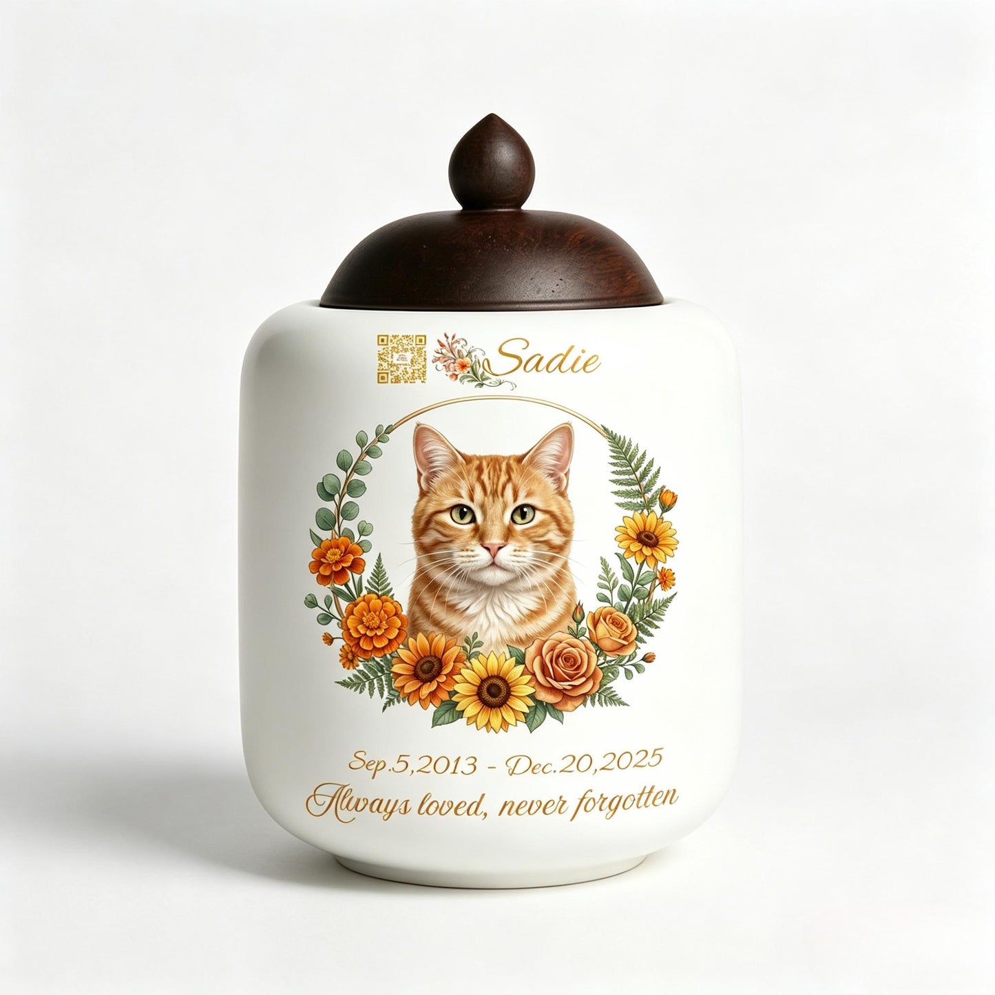 Custom Artisan Pet Urn with Digital Memorial QR Code & Hand-Painted Wreath