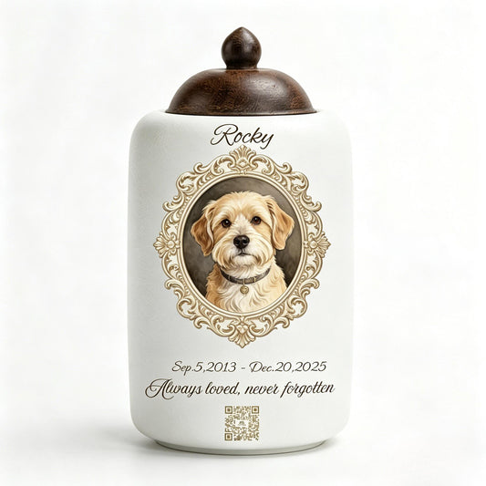 Artisan Pet Memorial Urn: Hand-Painted Watercolor Portrait with QR Code Link