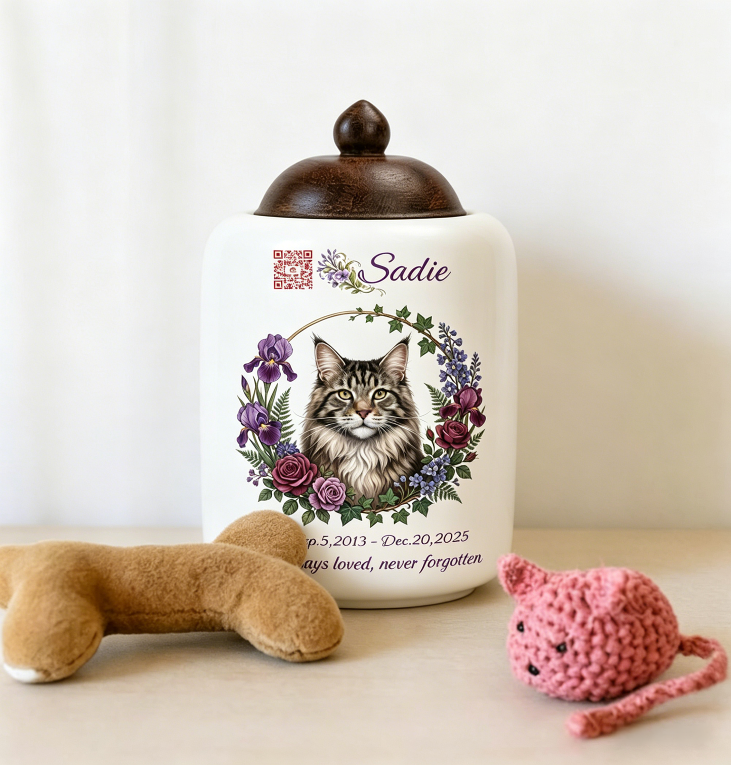 Customized Ceramic Pet Urn: Watercolor Spirit Portrait & Digital Memory Space