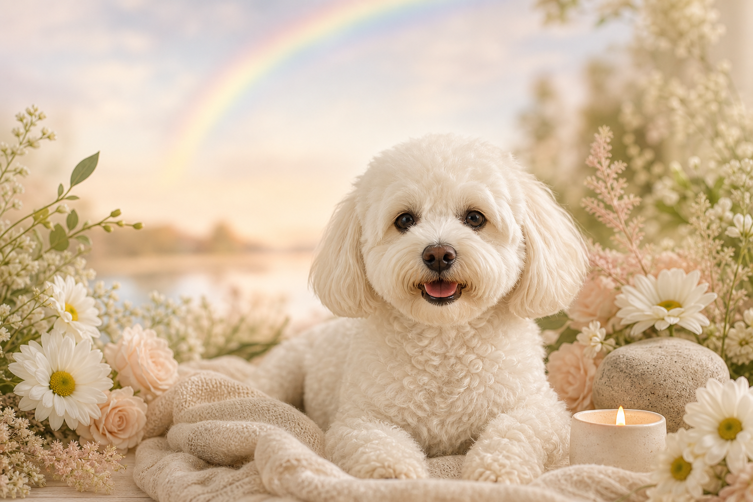 A beloved white dog remembered with flowers in a Rainbow Bridge memorial style