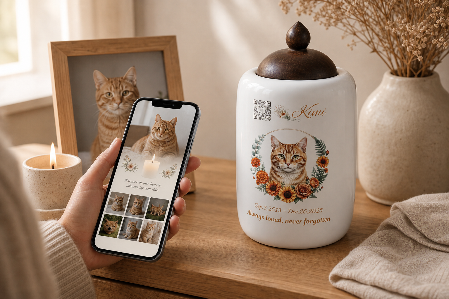 A phone scanning the QR code on The Soul Keeper urn to open a private digital pet memorial