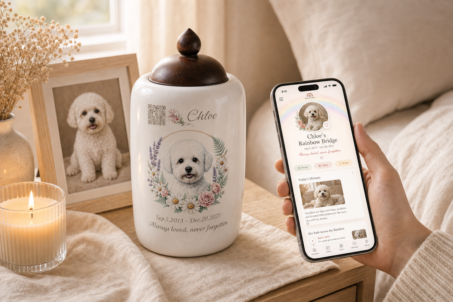 A pet owner scanning the QR code on The Soul Keeper urn to open a private Digital Bridge