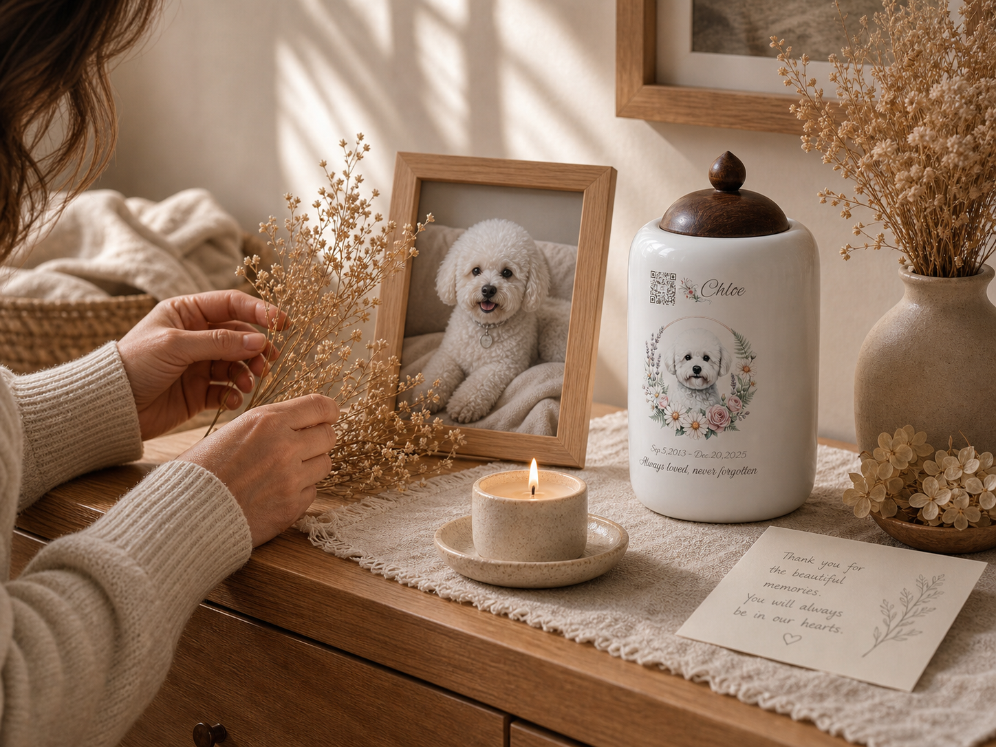 A pet owner arranging a warm home memorial corner with a pet photo, candle, flowers, and urn