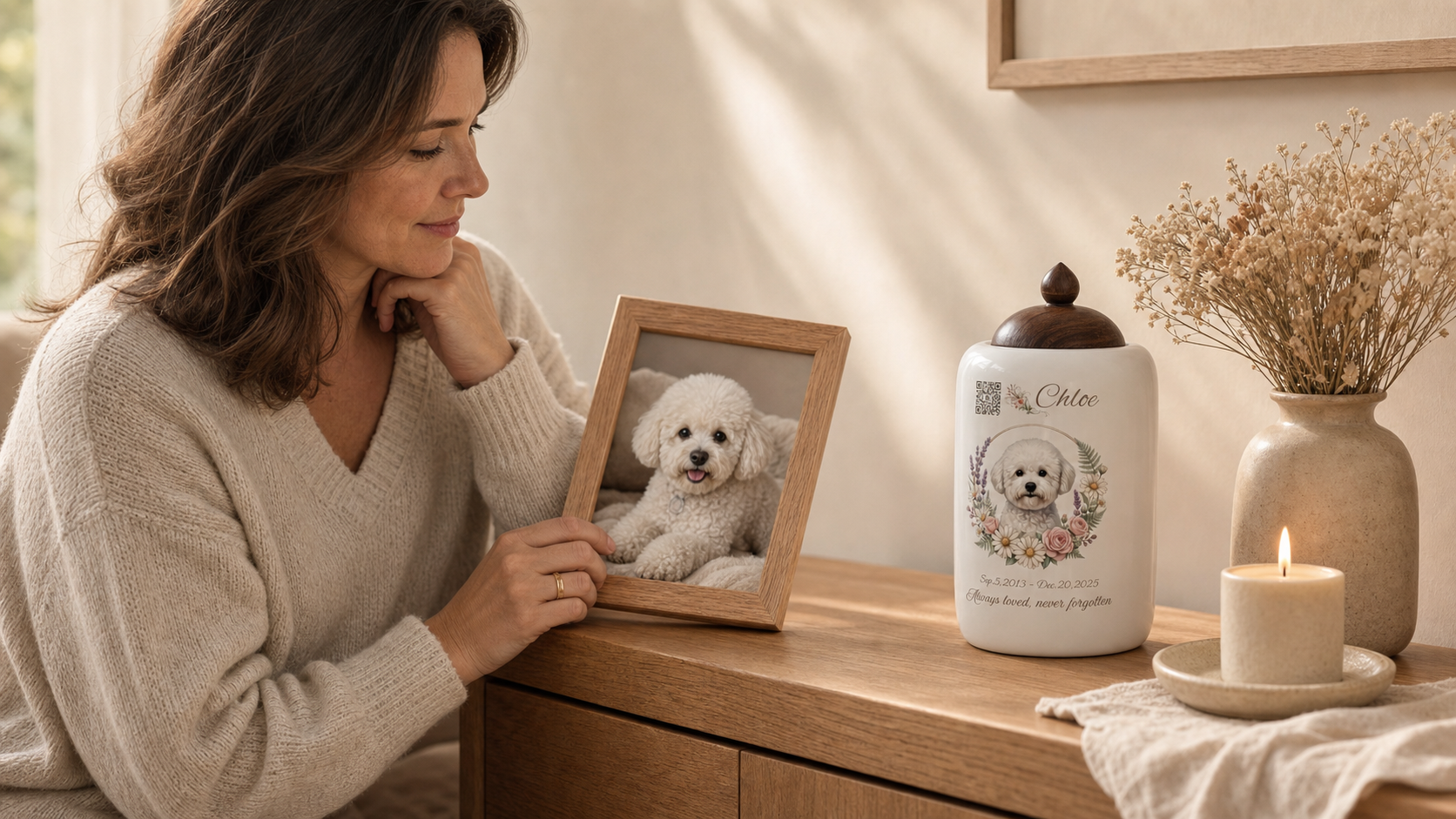 A warm home memorial corner with The Soul Keeper urn, a framed pet photo, candle, and a pet owner nearby