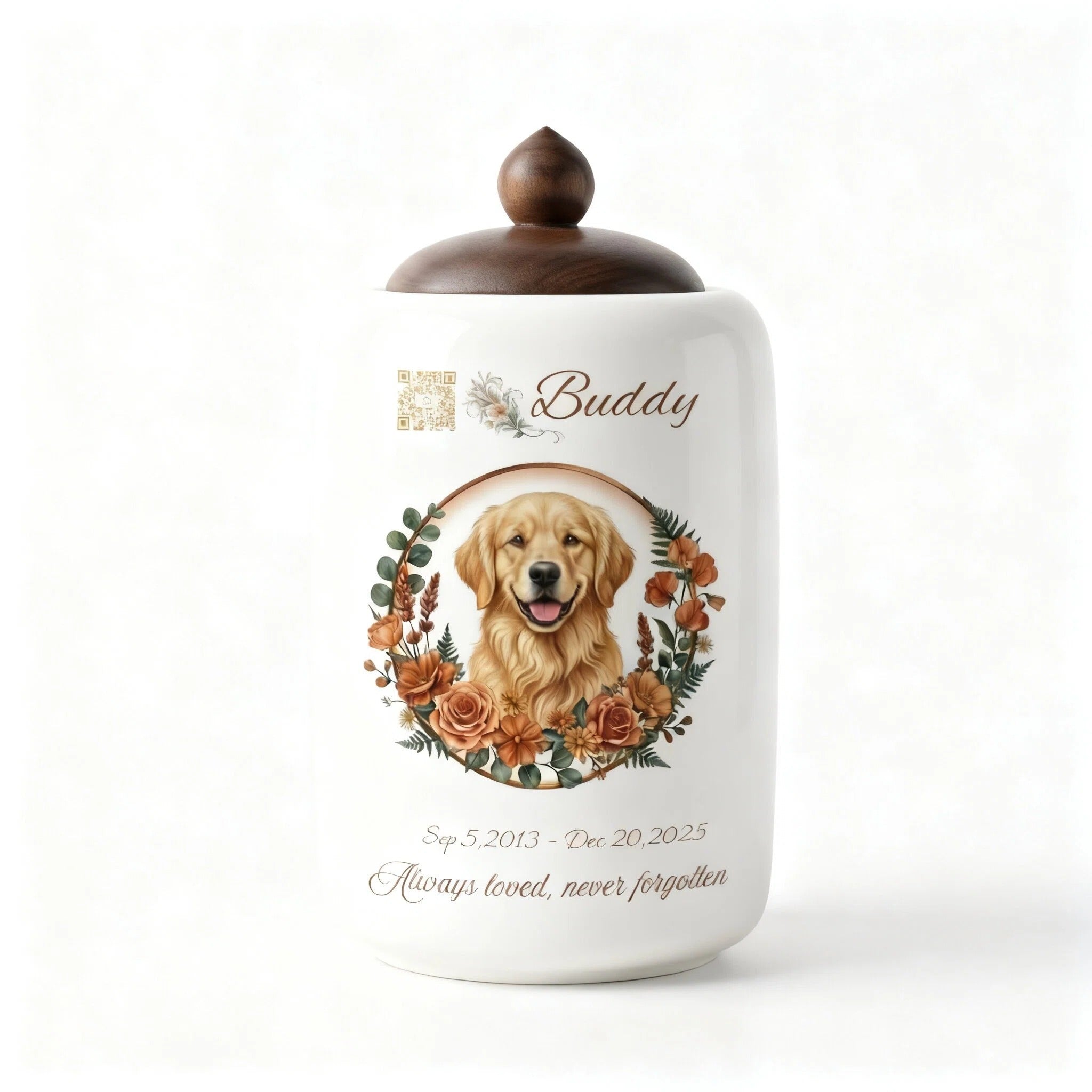 Large Soul Keeper memorial urn with watercolor pet portrait, QR code, dates, and dark wood lid