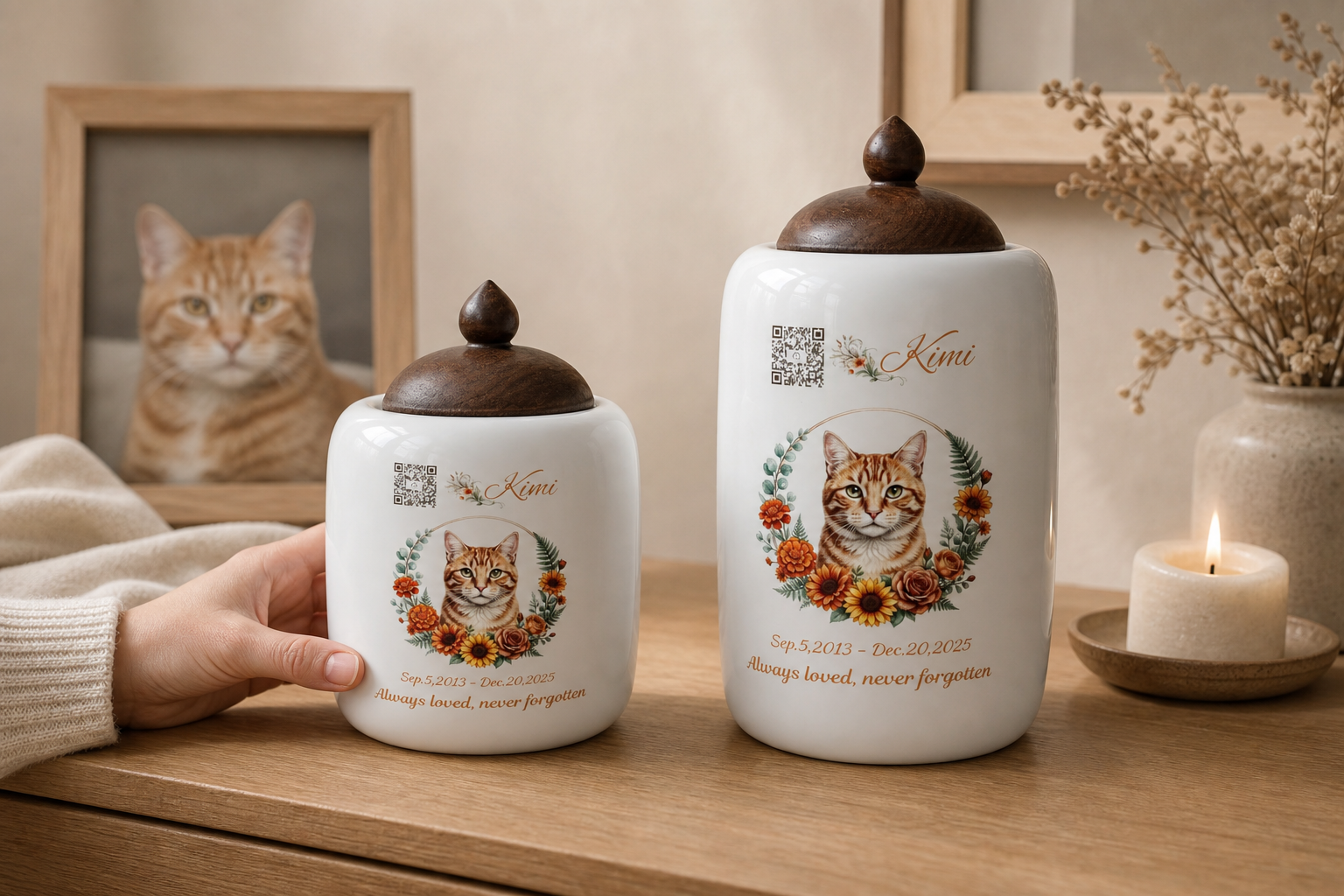 The Soul Keeper memorial urn shown in two sizes in a warm home setting
