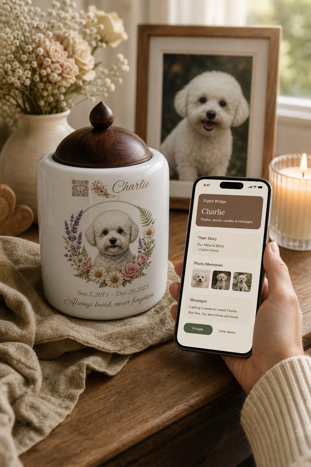 A pet parent scanning a QR code on a memorial urn to open a digital pet memorial