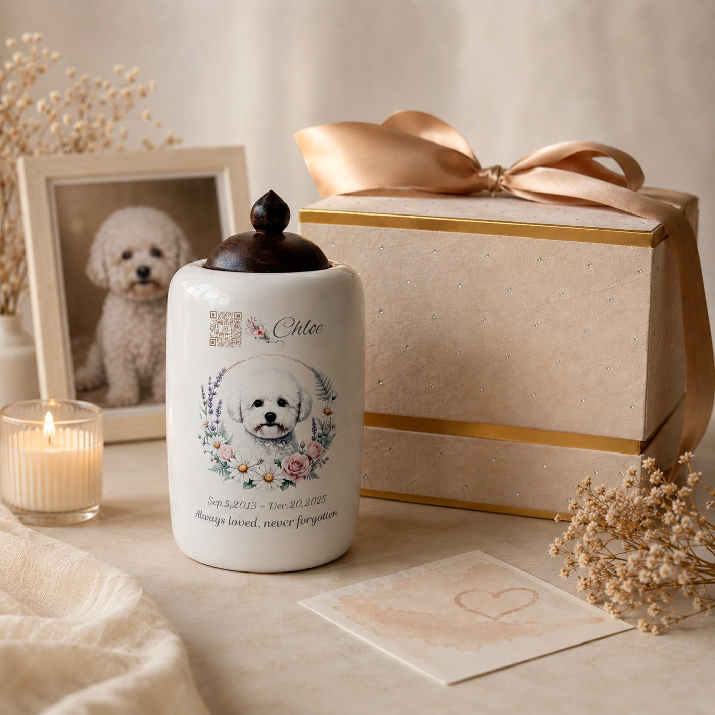 A thoughtful pet memorial gift box with a personalized urn and soft remembrance details