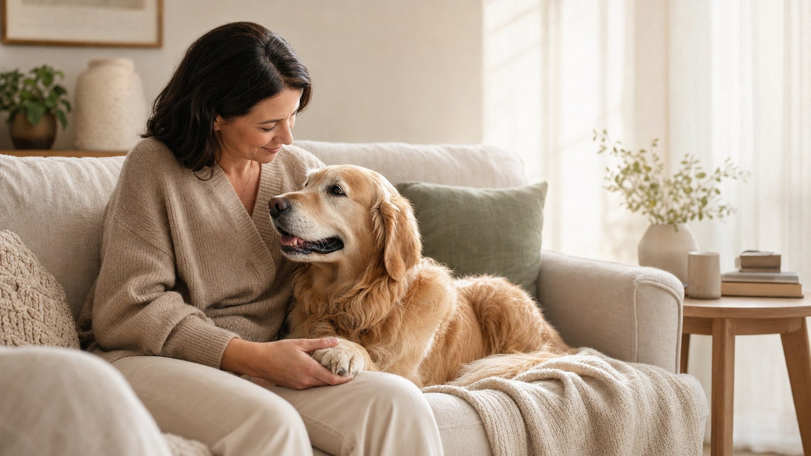 A quiet moment between a pet parent and their beloved dog at home