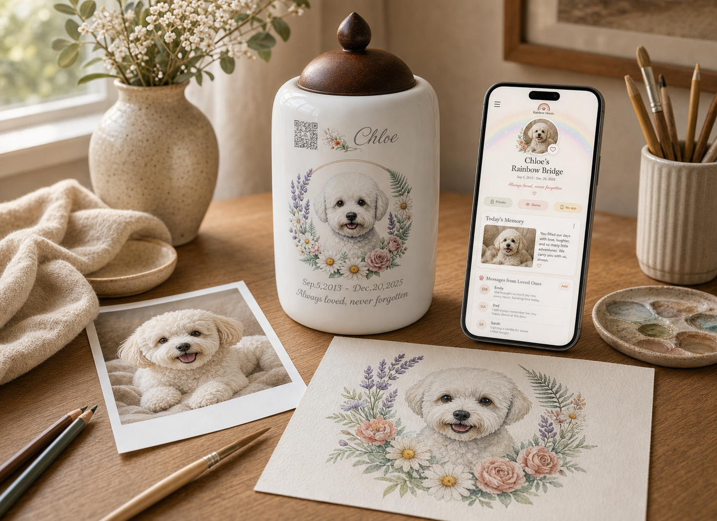 A finished Soul Keeper memorial urn beside a phone preview of the Digital Bridge demo and watercolor proof materials